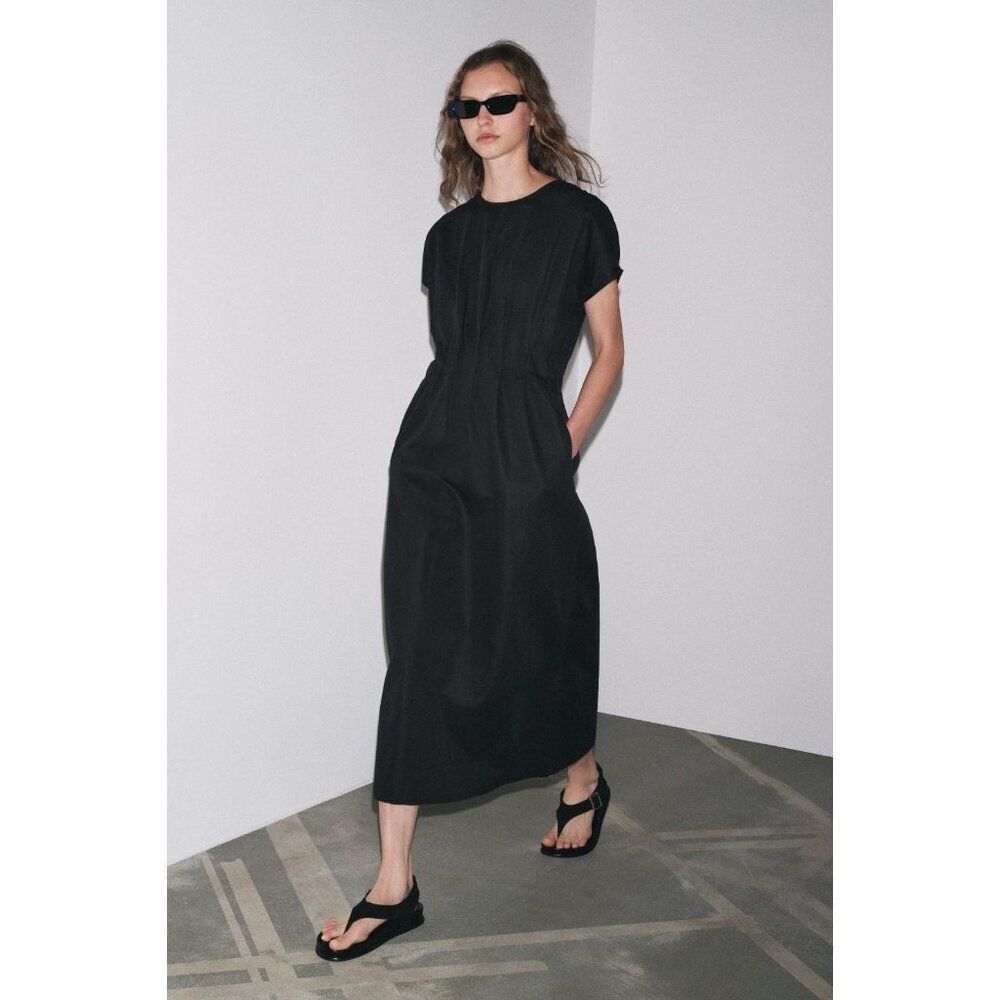 Zara Womens Midi Dress M Medium Black Pleated Linen Short Sleeve 4333/041 NWT - Picture 1 of 13
